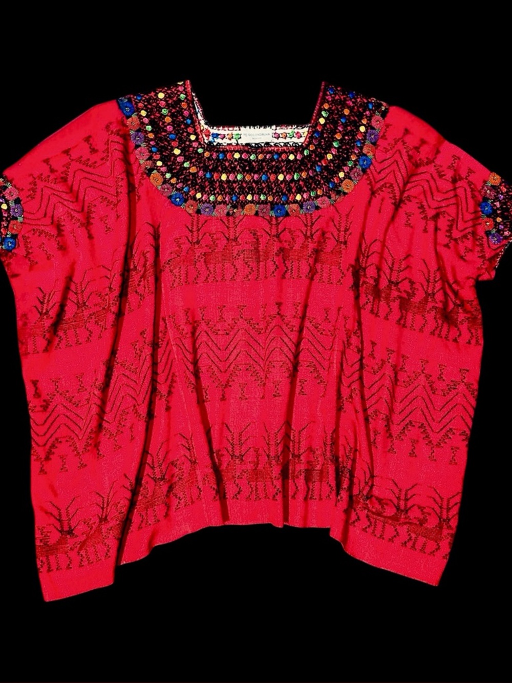 Mi Golondrina • Red Embroidered Huipil de Cobán Poncho Style Tunic || O/S